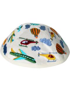Emanuel Embroidered Kids Kippah - White w/ Airplanes