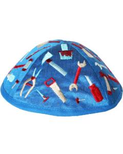 Emanuel Embroidered Kids Kippah - Blue w/ Tools