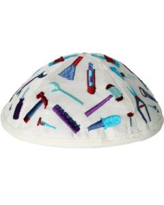 Emanuel Embroidered Kids Kippah - White w/ Tools