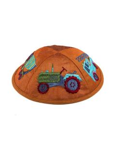Emanuel Embroidered Kids Kippah - Trucks Orange