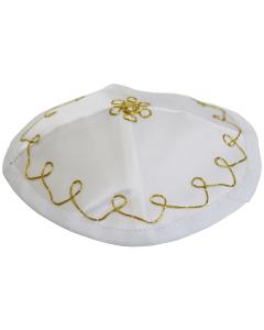 Bris Kippah White/Gold  Satin With Strings