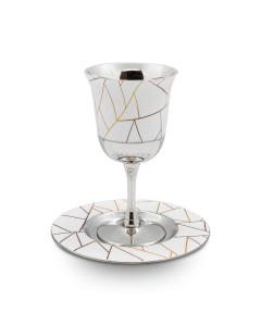 Abstract Lines White & Gold Kiddush Cup with Tray