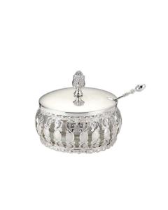 Silvertone Honey Dish W/Glass Insert & Metal Spoon