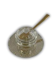 Small Crystal Honey Dish with Coaster - Gold Lattice Design
