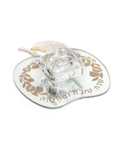Honey Dish on Apple-Shaped Mirror Tray with Gold  Pomegranate Design