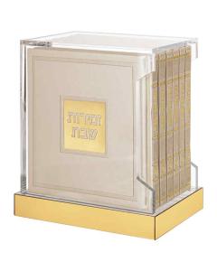 Lucite Zemiros Stand with  Six Hardcover Zemiros Shabbos - Ashkenaz/Sefard (Cream)