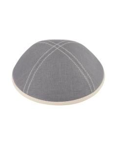 iKippah Gray Linen w/ Stitching & Leather Rim Yarmulke