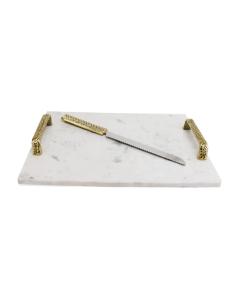 Marble Challah Board with Braided Gold Handles and Knife