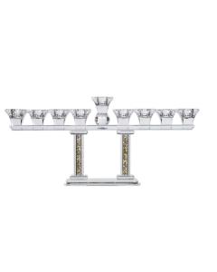 Crystal Menorah with Two Pillars - Gold and Silver Stones