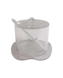 Lucite Honey Dish with Apple Shape Base with Spoon- Silver
