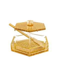 Lucite Hexagon Honey Dish with Base and Spoon (Gold)