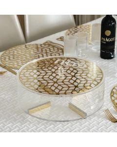 Lucite & Laser Cut Round Matzah Box (Gold)