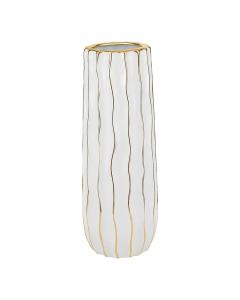 Tall White Porcelain Vase with Gold Wavy Design - Large