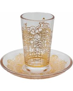 Gold Etching Jerusalem Glass Kiddush Cup w/ Saucer