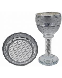 Crystal and Silver Coating Kiddush Cup with Stem & Saucer - Diamond Design