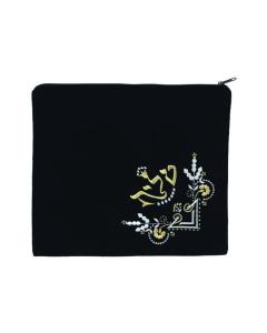 Navy Blue Fancy Velvet Tallis Bag with Corner Design in  Gold/Silver Embroidery - Large