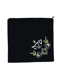 Black Fancy Velvet Tallis Bag with Corner Design in  Silver/Gold Embroidery - Medium