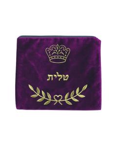 Maroon Fancy Velvet Tallis Bag with Crown and Leaf Design in Gold Embroidery - Medium