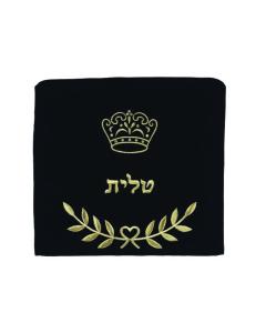 Navy Blue Fancy Velvet Tallis Bag with Crown and Leaf Design in Gold Embroidery - Medium