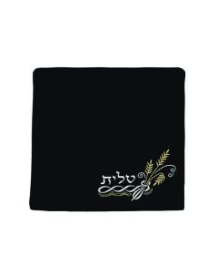 Black Fancy Velvet Tallis Bag with Small Tallis Design in Silver Embroidery - Medium