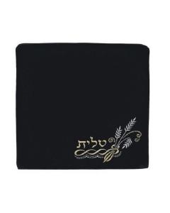 Navy Blue Fancy Velvet Tallis Bag with Small Tallis Design in Gold Embroidery - Medium