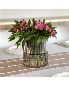 Wide Neck Short Amber Ribbed Glass Vase