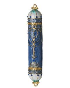 Enamel Jeweled Mezuzah Case Blue/White/Gold