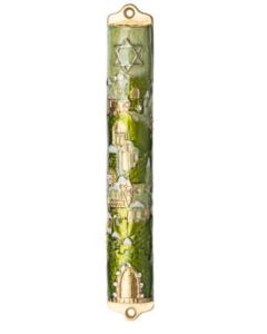 Green Enamel Jeweled Mezuzah Case with City of Jerusalem