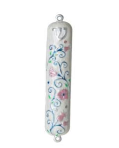 White Enamel Jeweled Mezuzah Case with Pink Flowers
