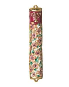 Pink Flower Enamel Jeweled Mezuzah Case with Menorah