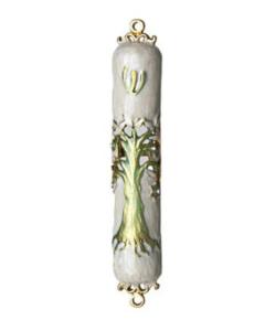 Tree of Life White Enamel Mezuzah Case