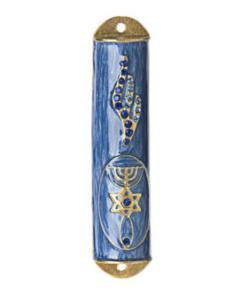 Blue and Gold Enamel Jeweled Mezuzah Case with Star of  David and Menorah