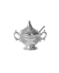 Ornate Shiny Silver Plated Honey Dish with Spoon