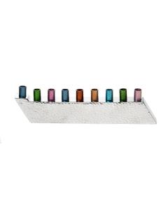 Stainless Steel Hammered Menorah w/ Colorful Candle Holders