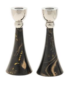 Marble-style Enamel & Stainless Steel Candlesticks -  Brown & Gold