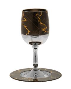 Metal Kiddush Cup with Gold Flares with Matching  Tray (Brown)
