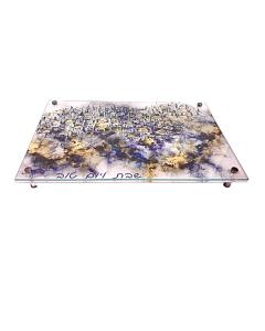 Challah/Leichter Candle Tray Yerushalayim (Black & Gold)