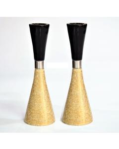 ALUMINIUM GOLD/BLACK PAIR CANDLESTICKS 17 CM
