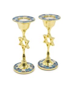 BLUE TONES GOLDEN COLOR METAL/STAR PAIR CANDLESTICKS 19 CM