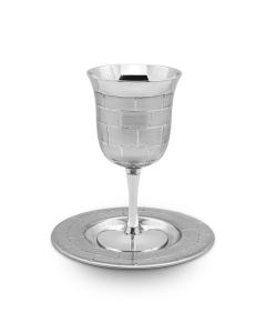 Stemmed Silver-Toned Jerusalem Stone Kiddush Cup with Saucer