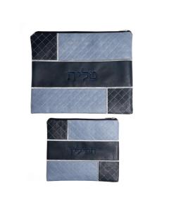 Faux Leather Light/Dark Blue Talit & Tefillin Bag Set