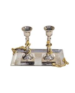 2 Silver Candlesticks with Gold Leaf Design on Tray