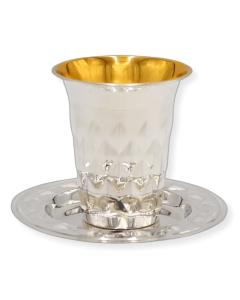 Silver Plated Kiddush Cup with Matching Tray -  Diamond Design - 4.5"