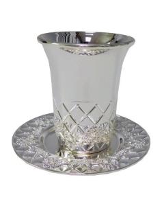 Silver Plated Kiddush Cup with Matching Tray -  Half Diamond Design - 3"