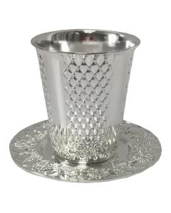 Silver Plated Kiddush Cup with Matching Tray -  Ornate Diamond Design - 3"