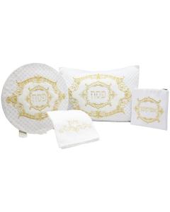 Quilted & Embroidered Velvet & Vinyl Pesach Set - White/Gold
