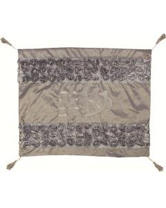 Silver Satin Ronit Gur Challah Cover with Flower Design and Corner Tassels