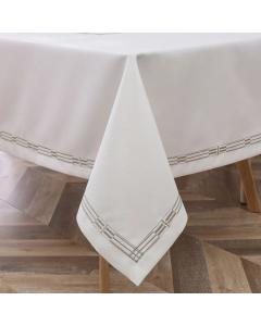 Poly Linen-Look Tablecloth - White with Embroidered  Panel Design
