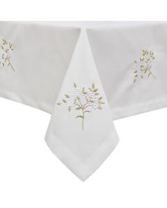 Tablecloth Poly (Linen Look) - White with Embroidered  Flowers (Gold and White)