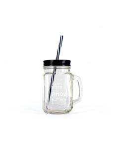 Happy Purim Mason Jar with Black Lid & Straw